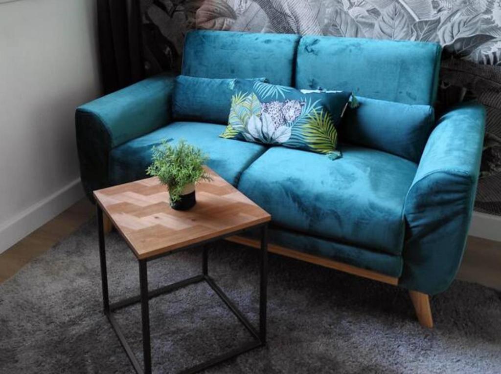 Sofá azul en la sala de estar con mesa en T2 Neuf Lattes entre la VILLE, MER, NATURE 10 mn, en Lattes