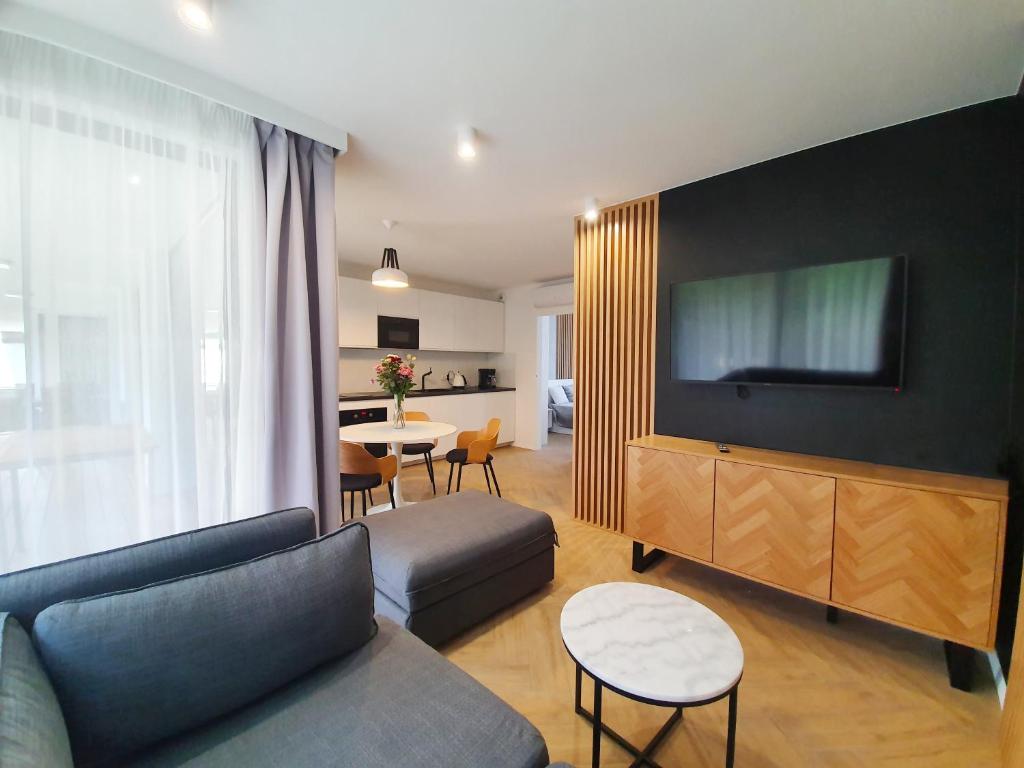ein Wohnzimmer mit einem Sofa und einem Flachbild-TV in der Unterkunft RelaxApart - Komfortowy apartament Kalinowa in Szczyrk