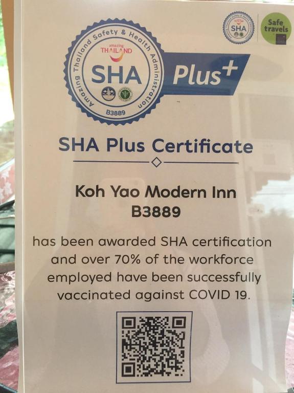 Certifikát, hodnocení, plakát nebo jiný dokument vystavený v ubytování Koh Yao Modern Inn -SHA Plus