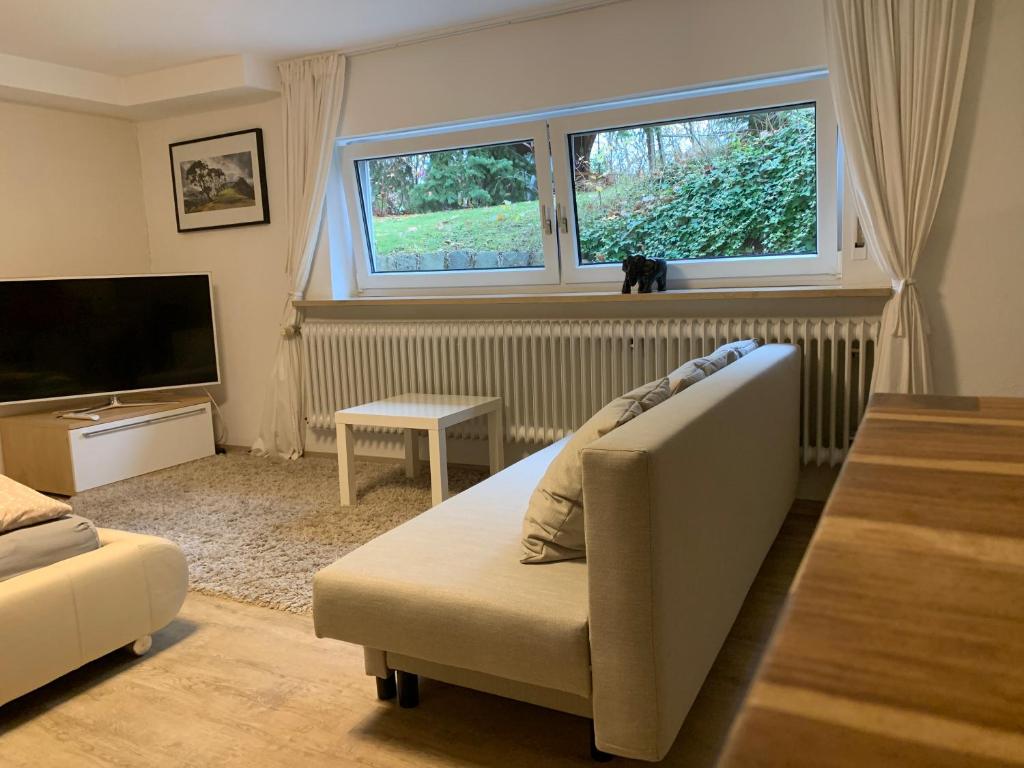 uma sala de estar com um sofá e uma televisão em Studio-Apartment Nähe Erlangen/Herzogenaurach em Großenseebach