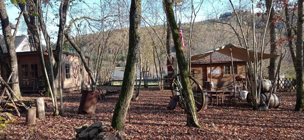 a log cabin with a table and chairs in the woods at Cabanes Nature Morvan in Blanot