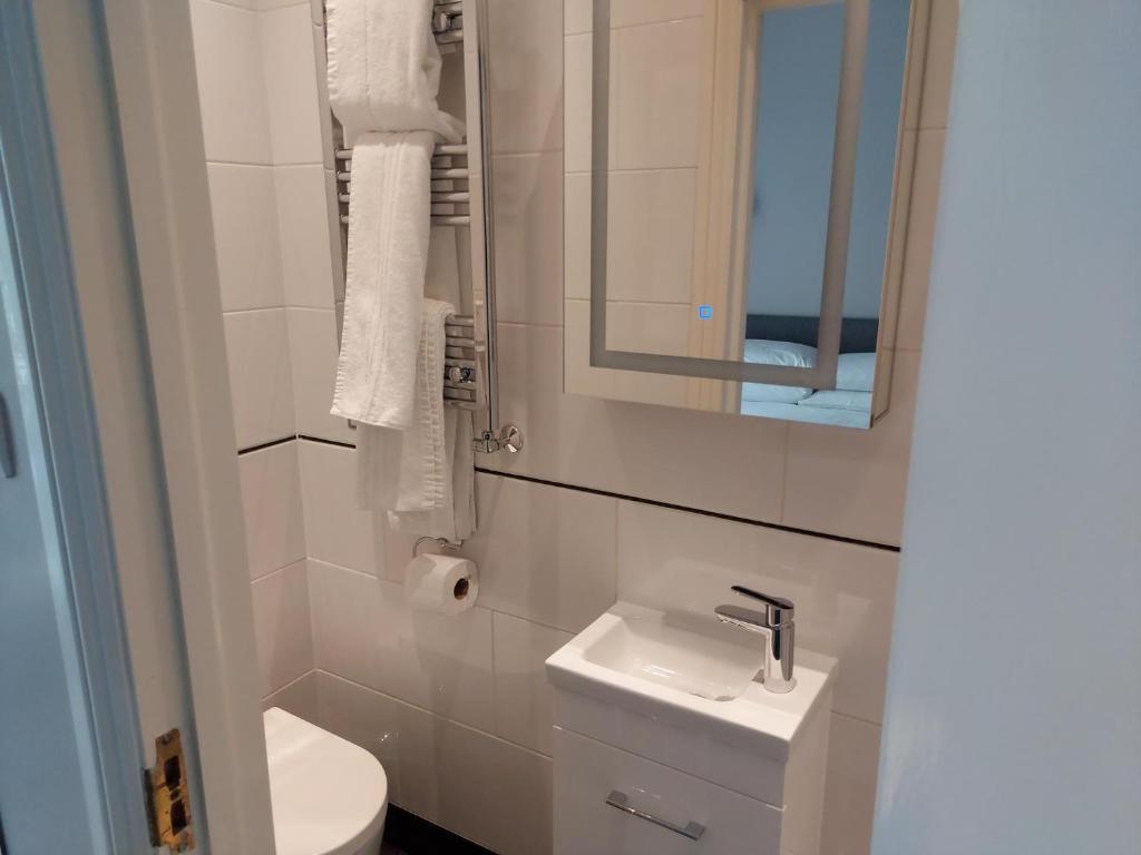 y baño con lavabo, aseo y espejo. en Hotel 63, en Londres