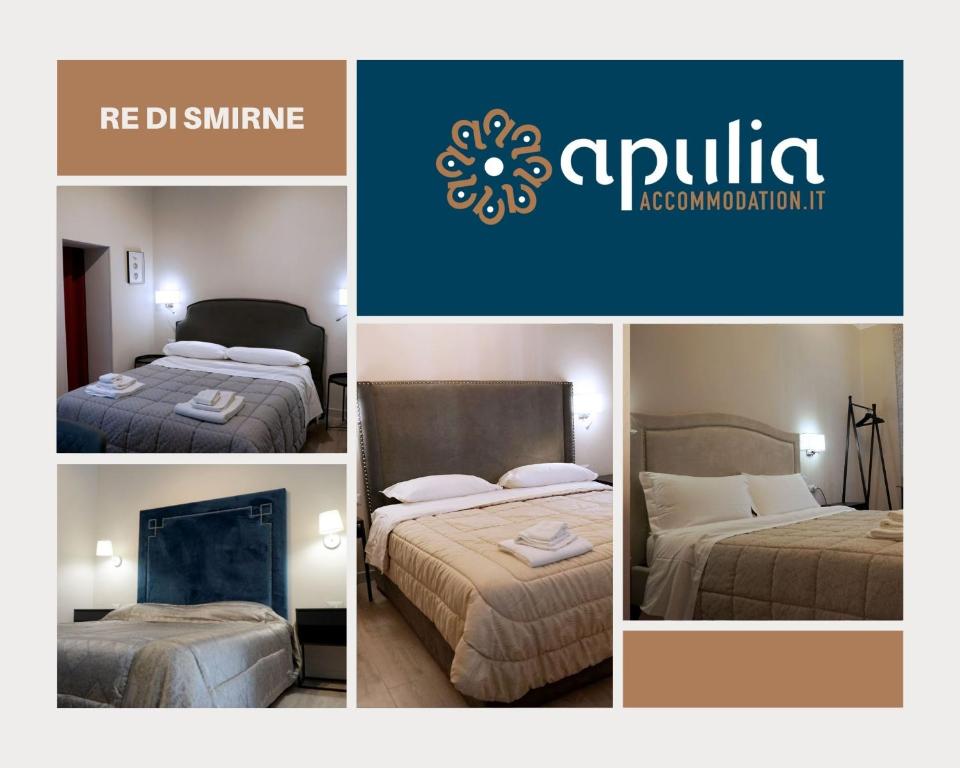 eine Collage mit Bildern eines Hotelzimmers mit 2 Betten in der Unterkunft Re di Smirne by Apulia Accommodation in Bari