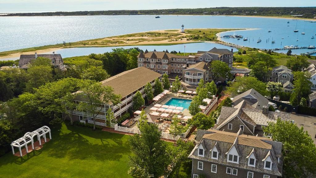 an aerial view of a house with a swimming pool at Harbor View Hotel in Edgartown