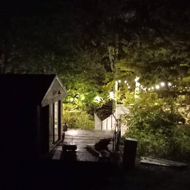 a night view of a wooden walkway at night at Le monde d&#39;Echozellia in Saint-Germain-des-Champs