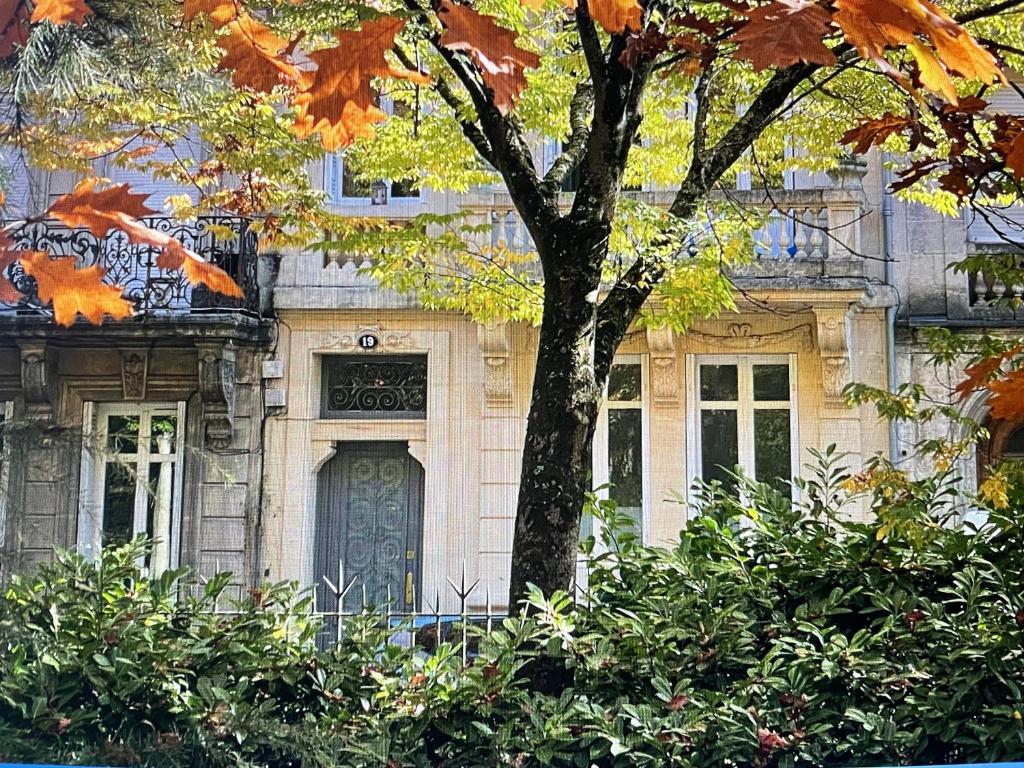 un arbre devant un bâtiment avec une porte dans l'établissement La Villa Bocage, à Bordeaux