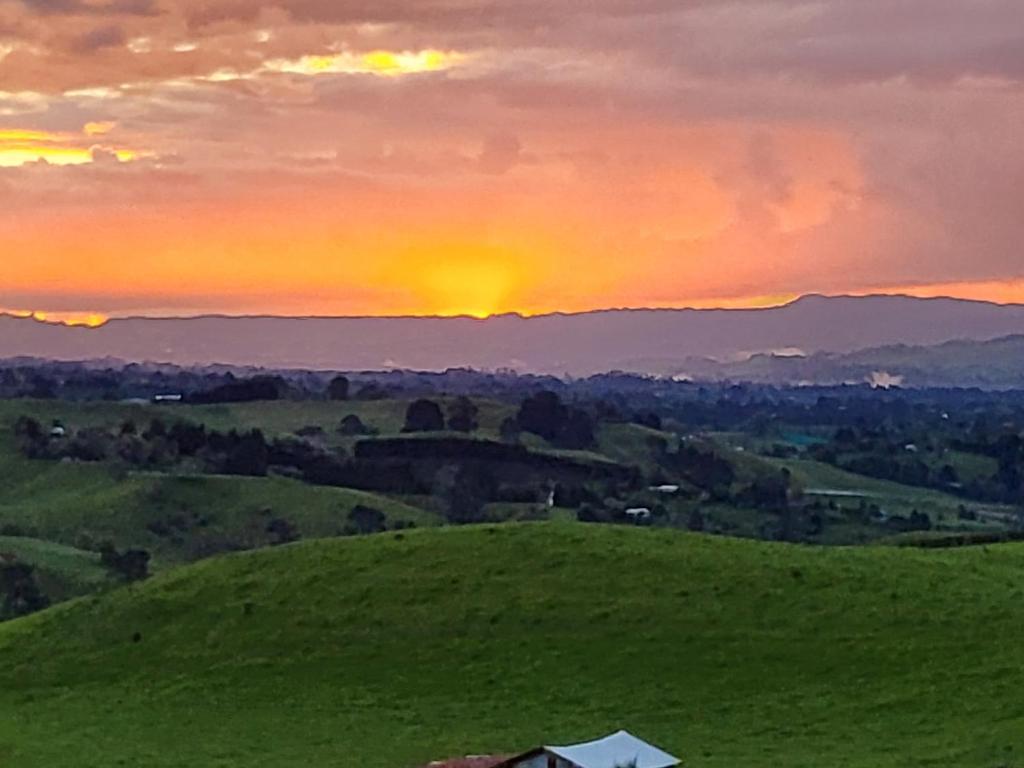 een zonsondergang op een heuvel met een groen veld bij Sunset Cottage in Tauranga