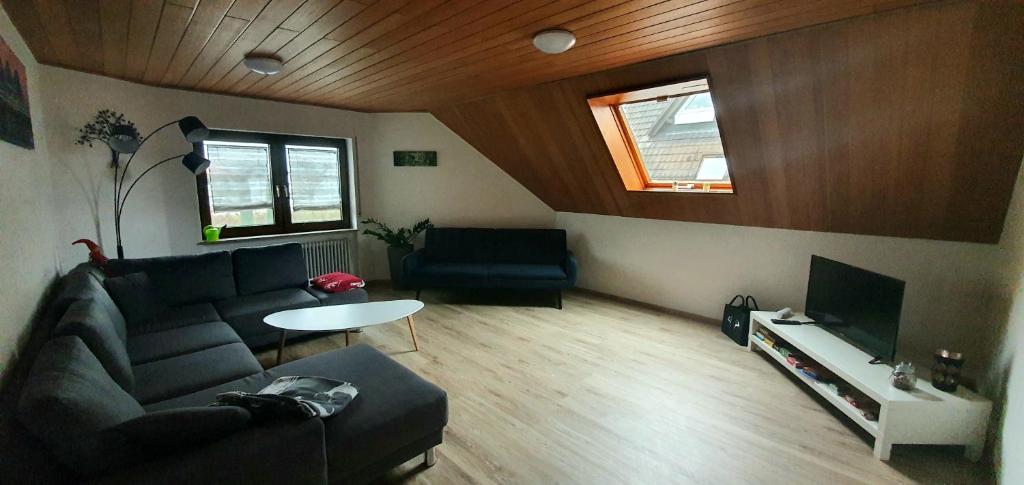 a living room with a couch and a tv at Ferienappartement Grüner Elch in Rheinhausen