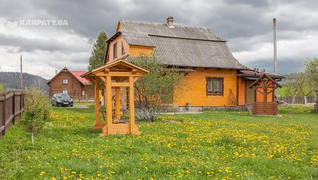 a wooden house in the middle of a field of flowers at Сонне Царство in Vorokhta