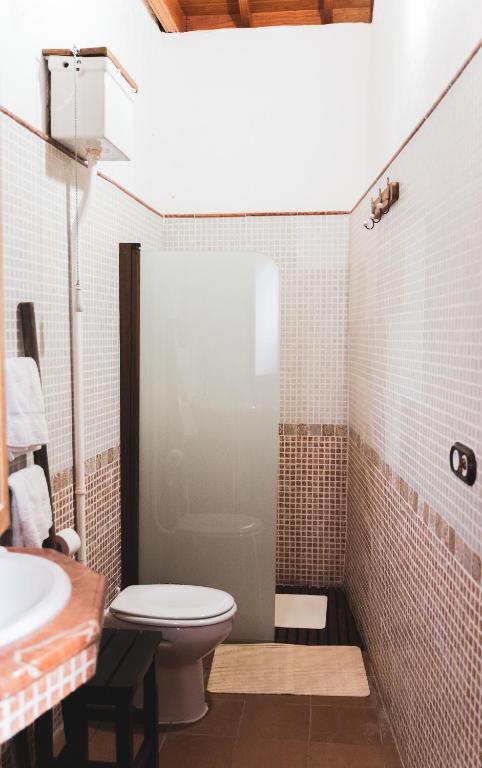 a bathroom with a shower with a toilet and a sink at Casa rural El Hornillo in Vallehermoso