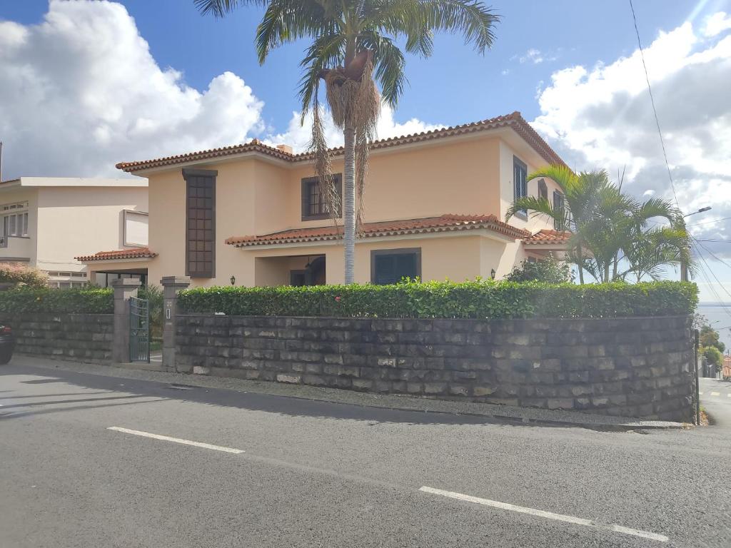 a house with a retaining wall and a palm tree at Villa Telo in Funchal