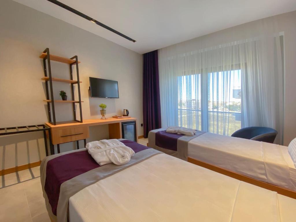 a hotel room with two beds and a television at ES TERMAL OTEL&SPA in Derekoy