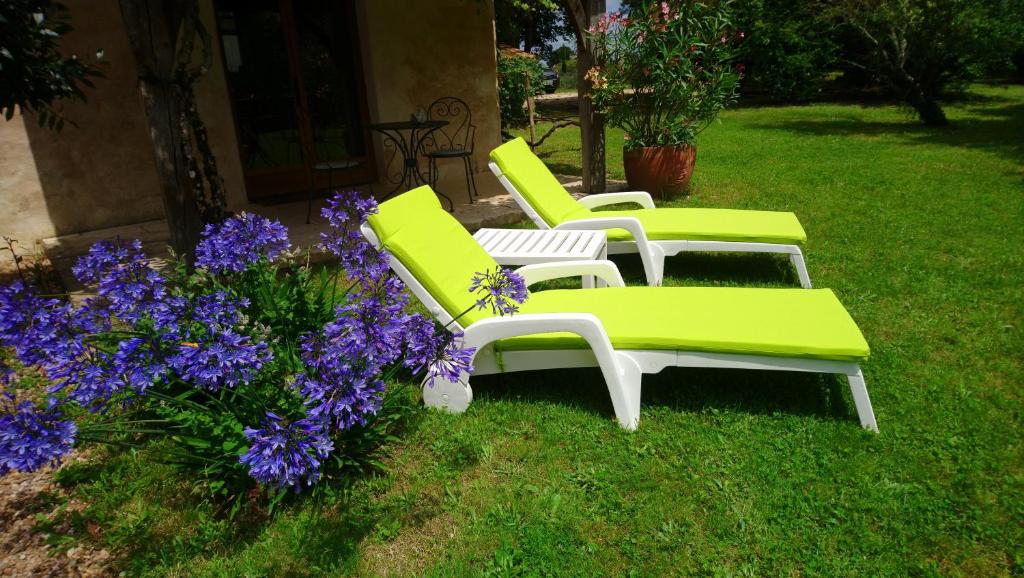 three green chairs sitting in the grass next to purple flowers at Les Landes De Mauchat in Saint-Martin-de-Fressengeas