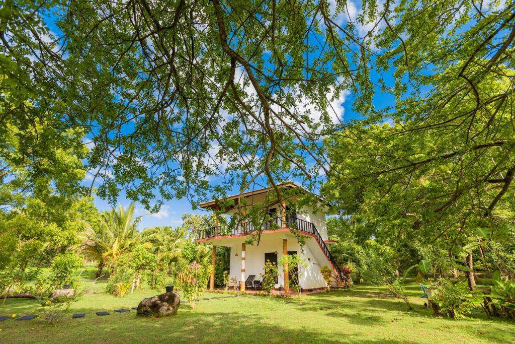 a house in the middle of a field with trees at Rock Violet Lakefront Cabanas & Restaurent in Tangalle