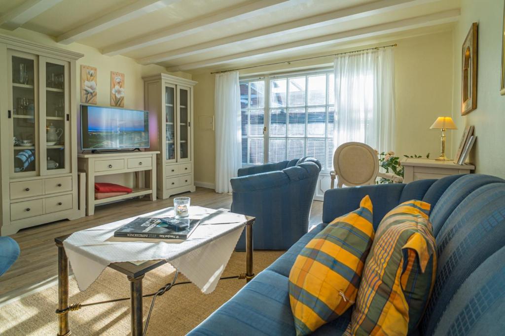 提努姆Schallers Hüs 5 - Bungalow的客厅里有一张蓝色沙发和一台电视