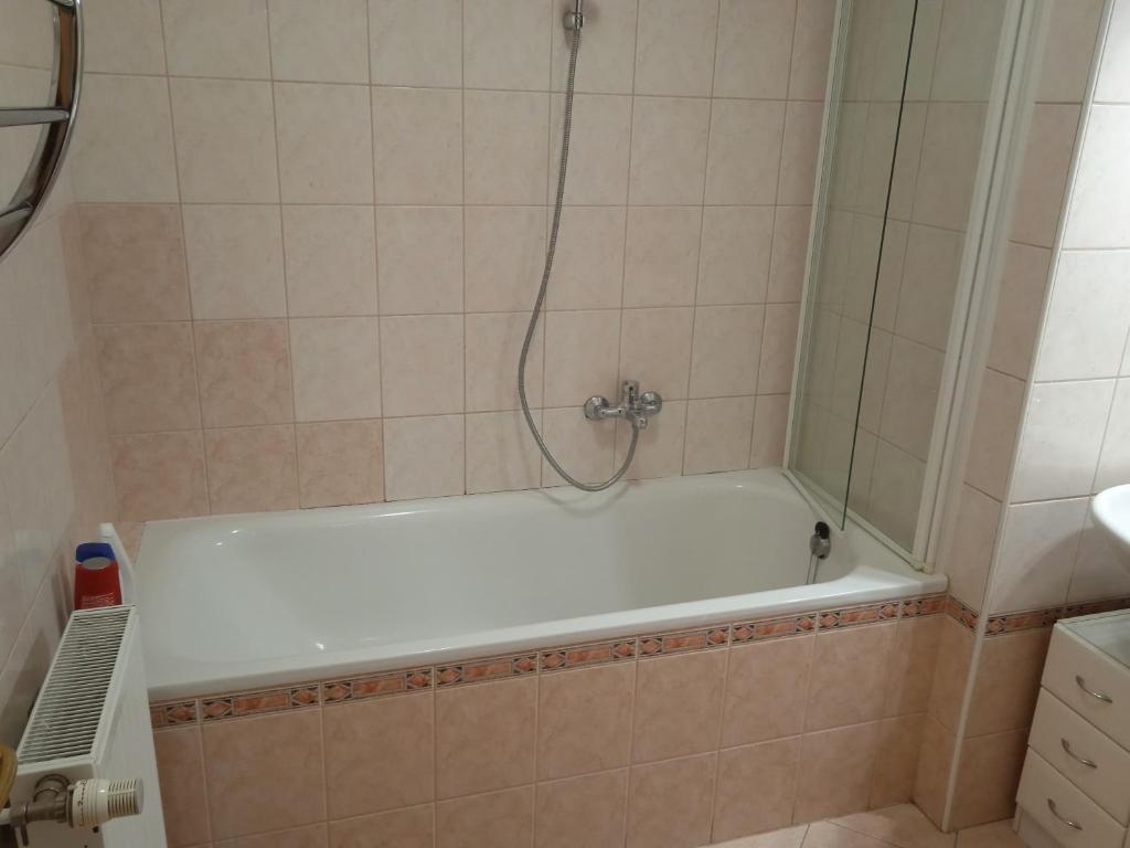 W łazience znajduje się wanna z prysznicem. w obiekcie Family apartment-családias hangulat w Győr