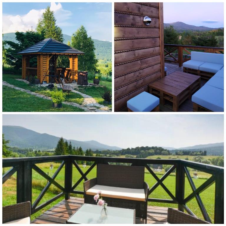 two pictures of a gazebo and a bench on a deck at Bieszczadzka Chatka in Smerek