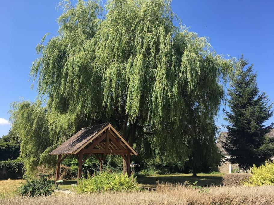a large willow tree with a gazebo in a field at Charmant T2 au 1er dans résidence avec parc arboré in Saint-Pierre-le-Moûtier