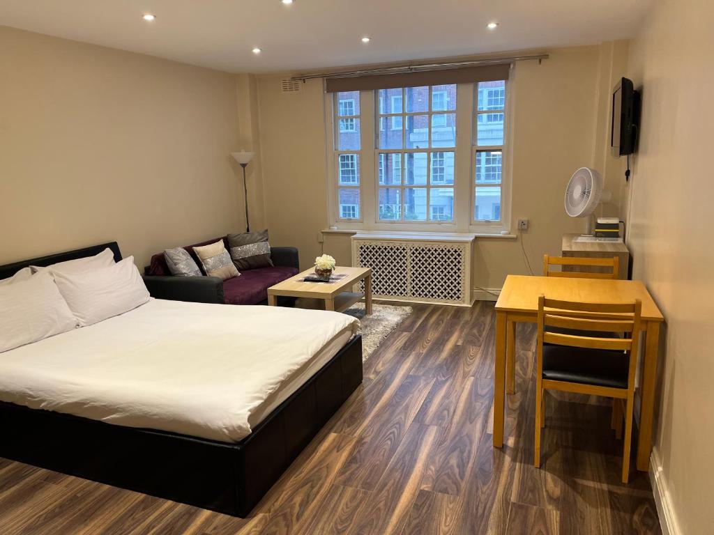 ロンドンにあるStunning Studioのベッドルーム1室(ベッド1台付)、リビングルームが備わります。