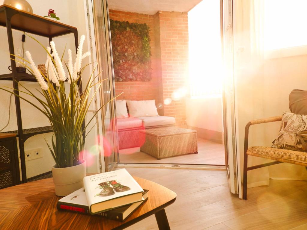 salon ze stołem z książkami i kanapą w obiekcie Apartamento Aliaga w Murcji