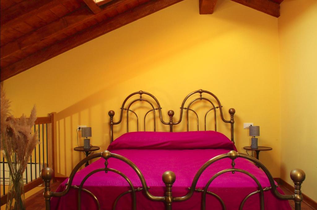 ein Schlafzimmer mit einem Bett mit einer rosa Decke in der Unterkunft Agriturismo Corte Lidia in Bellaguarda