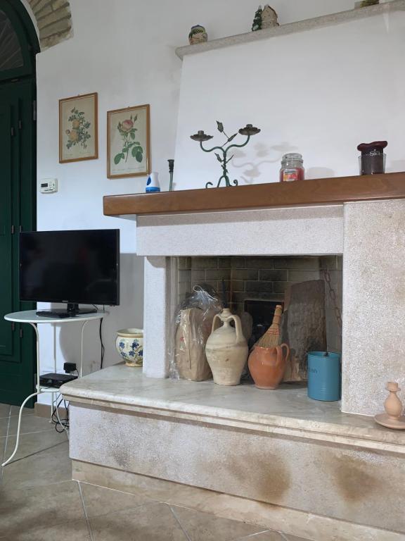 salon z kamiennym kominkiem z wazami w obiekcie Casa Michelina w mieście Vasto