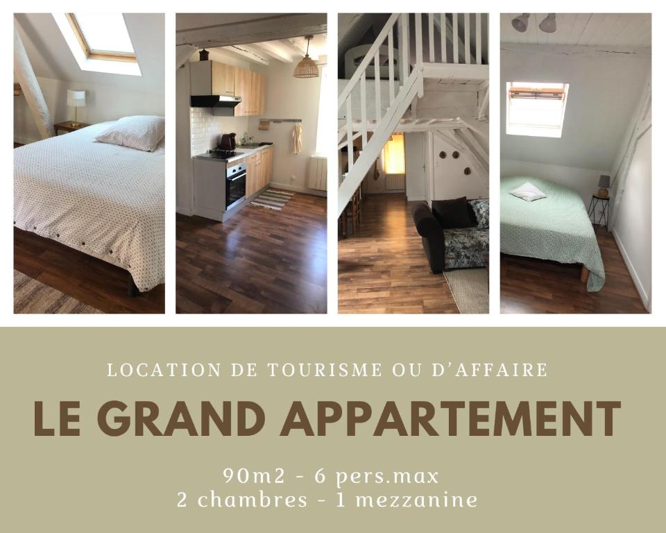 un collage de cuatro fotos de un dormitorio y una escalera en Le Grand Appartement - 90m2- 2 chb , 1 mezzanine - 6pers, en Romorantin-Lanthenay