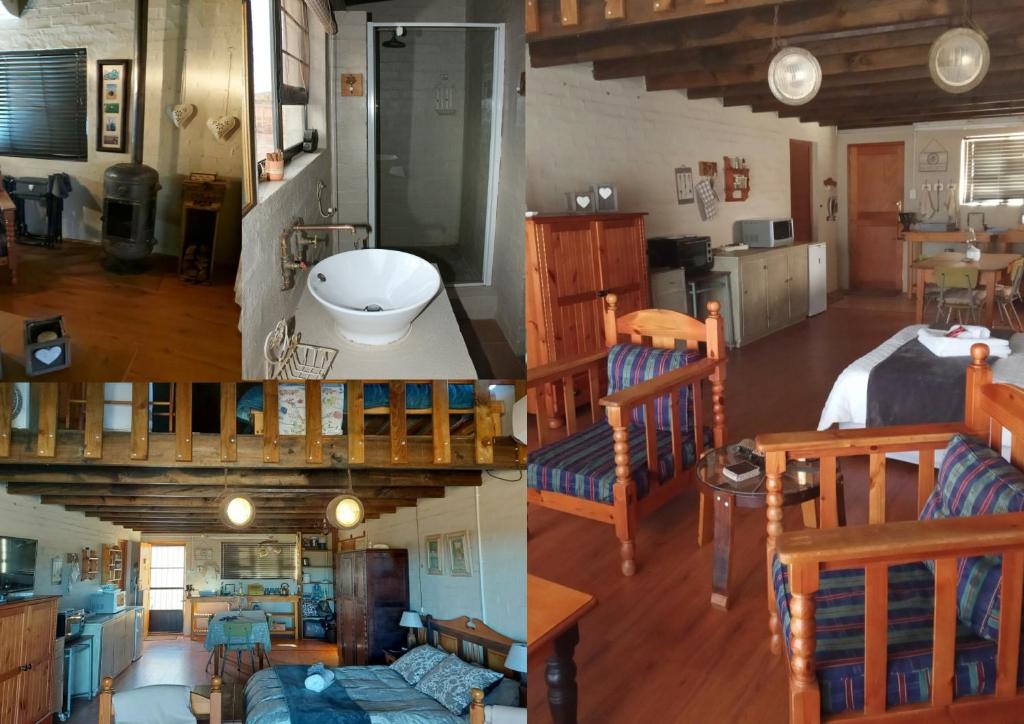 three pictures of a living room and a bedroom at PurePlaas Self catering Volmoed Oudtshoorn Klein Karoo in Oudtshoorn