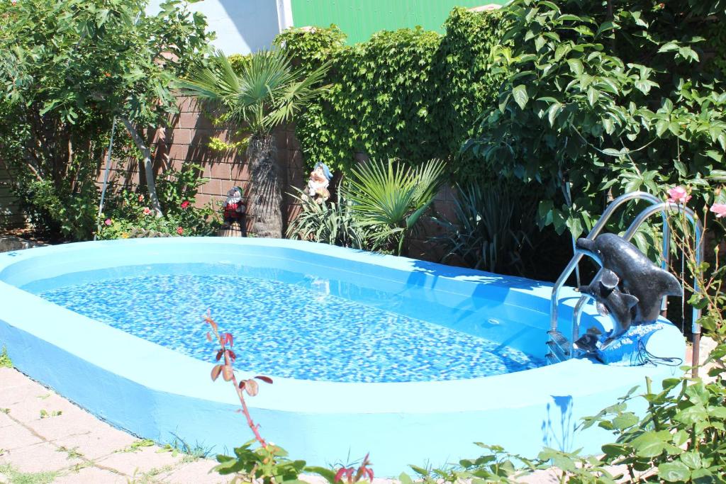Una piscina de agua con una estatua de perro. en Guest House Antarius, en Alushta