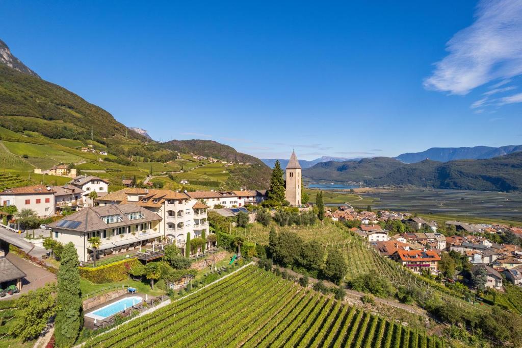 une ville sur une colline avec un vignoble et un village dans l'établissement Panorama, à Termeno