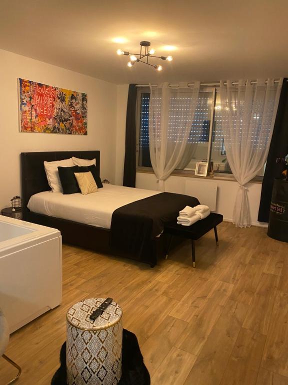 ein Schlafzimmer mit einem großen Bett und zwei Fenstern in der Unterkunft L’appart[é] BLACK superbe appartement pop ! in Besançon