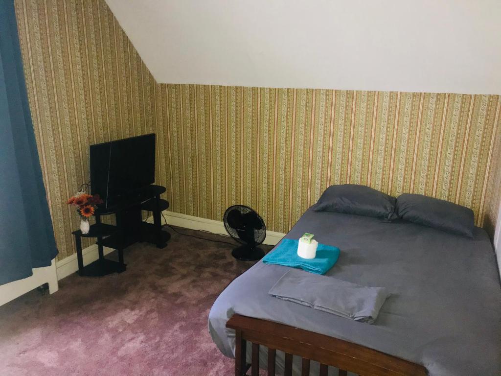 a bedroom with a bed and a flat screen tv at Pacifico's Place "C" in Hartford