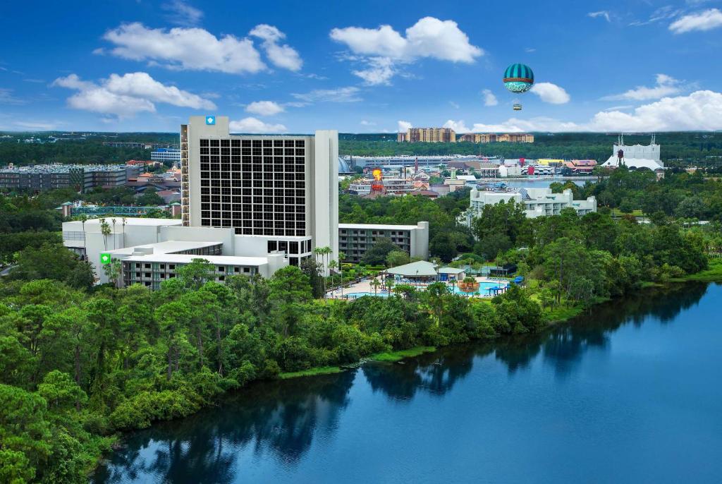 an aerial view of a hotel and a river at Wyndham Lake Buena Vista Resort Disney Springs® Resort Area in Orlando