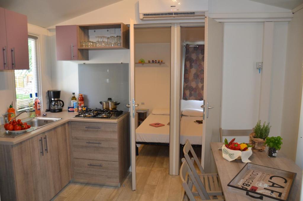 Kuchyň nebo kuchyňský kout v ubytování Happy Camp mobile homes in Camping Sènia Cala Canyelles