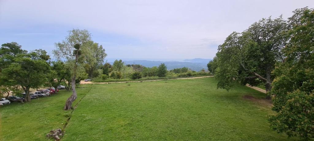 a large green field with cars parked in a park at Gîte Marronnier in Tourrettes-sur-Loup
