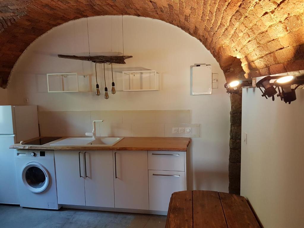 uma cozinha com um lavatório e uma máquina de lavar roupa em Gite A campinca em Calcatoggio