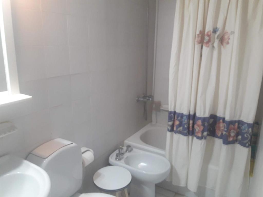 a bathroom with a toilet and a sink and a shower curtain at Apartamento El Cerrito in Tandil