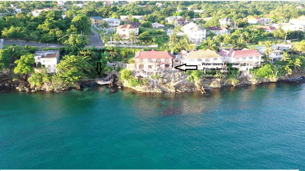 an aerial view of a house on the shore of a body of water at Water Lovers Paradise! in Ocho Rios