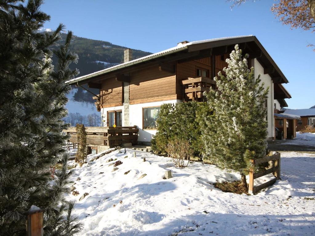 eine Blockhütte im Schnee mit einem Weihnachtsbaum in der Unterkunft Apartment Haus Harlander by Interhome in Dorfgastein