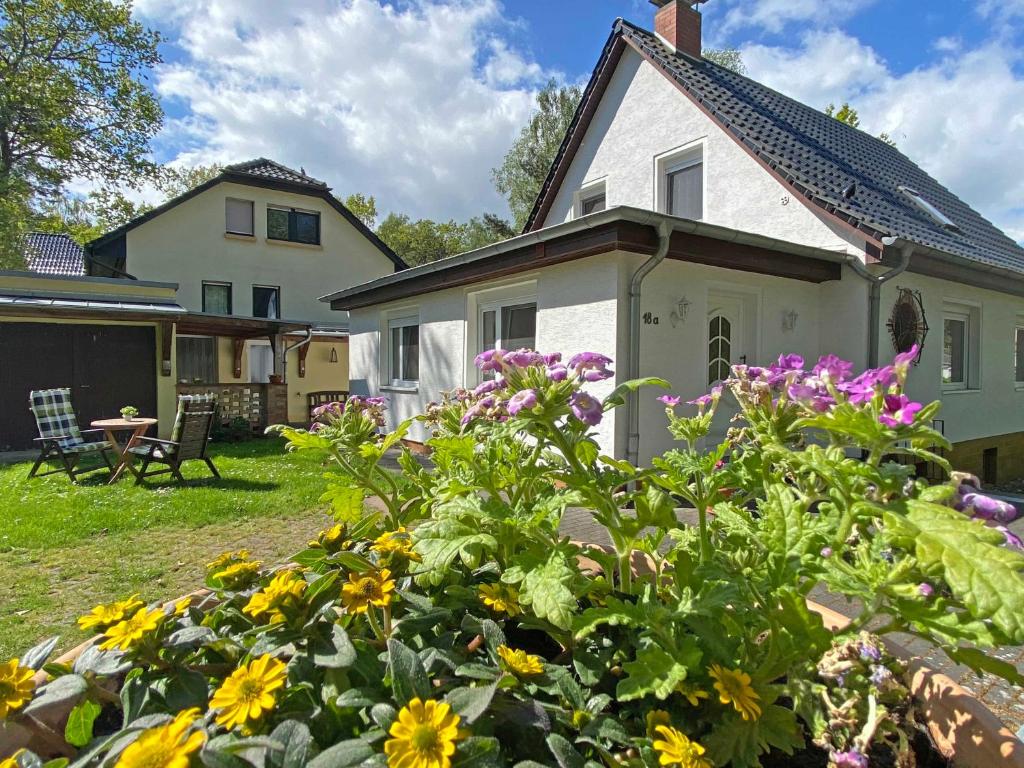a house with a garden of flowers in the yard at FeWo "Hoffi" am Waldesrand in Baabe