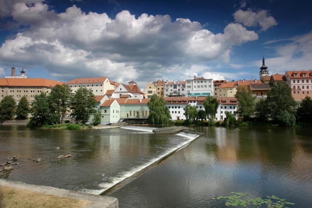 Blick auf eine Stadt mit Fluss und Gebäuden in der Unterkunft Hotel Pod skalou in Písek