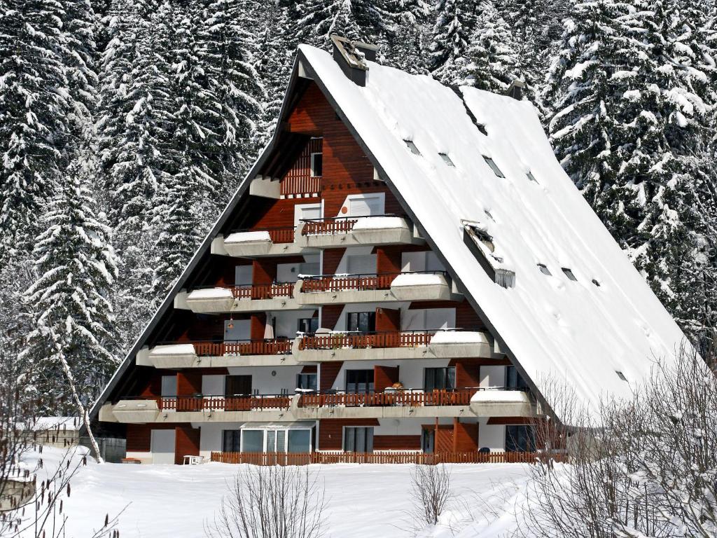 ein Gebäude im Schnee mit schneebedeckten Bäumen in der Unterkunft Apartment Anémone 2-16 by Interhome in Arveyes