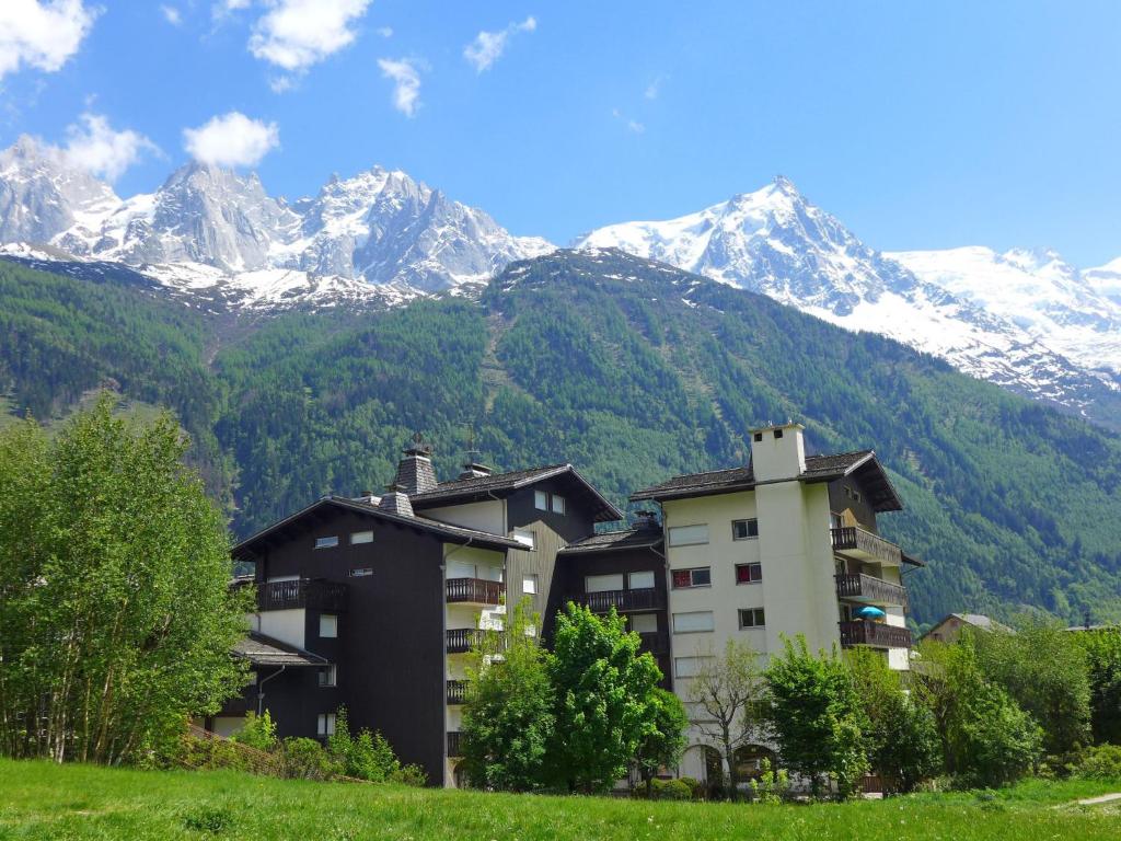 un bâtiment avec des montagnes enneigées en arrière-plan dans l'établissement Apartment Clos du Savoy-10 by Interhome, à Chamonix-Mont-Blanc