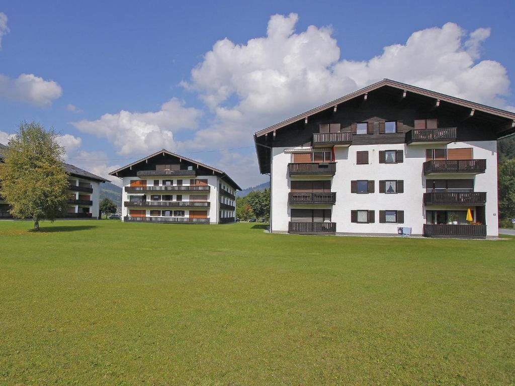 dwa budynki na trawiastym polu obok budynku w obiekcie Apartment Dachstein-3 by Interhome w mieście Flachau