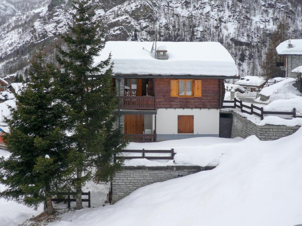 ein Haus im Schnee mit einem Weihnachtsbaum in der Unterkunft Apartment Coup d'Coeur by Interhome in Valtournenche