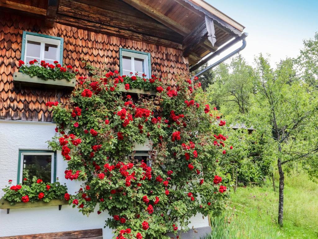 a house with red geraniums on the side of it at Holiday Home Oberhaslach by Interhome in Abtenau