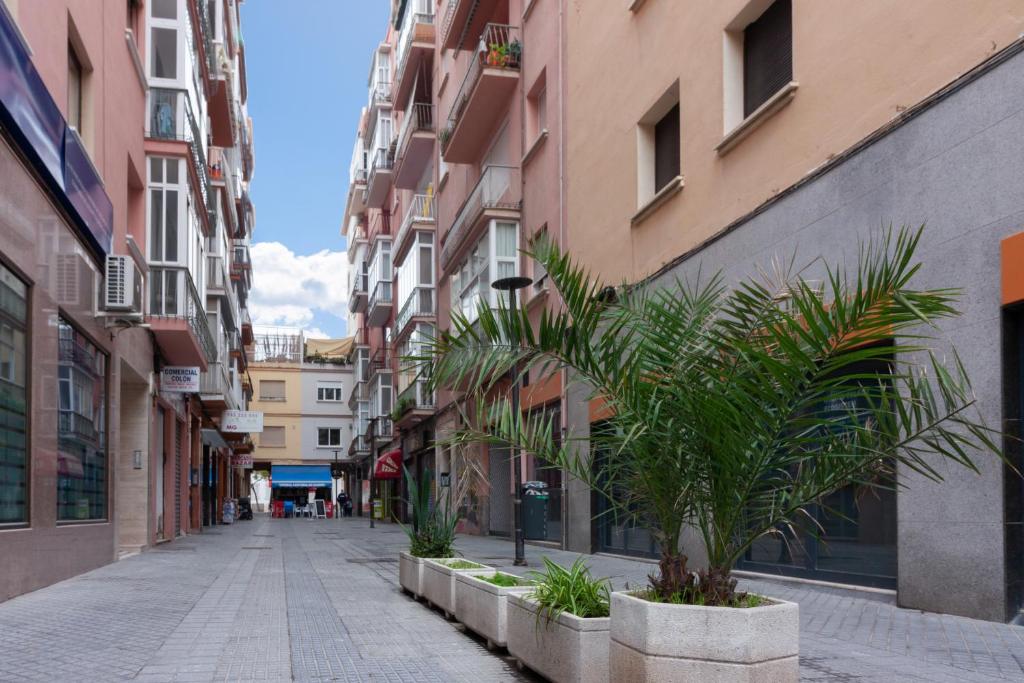 una calle vacía en una ciudad con edificios en SW Soho Family Apartment en Málaga