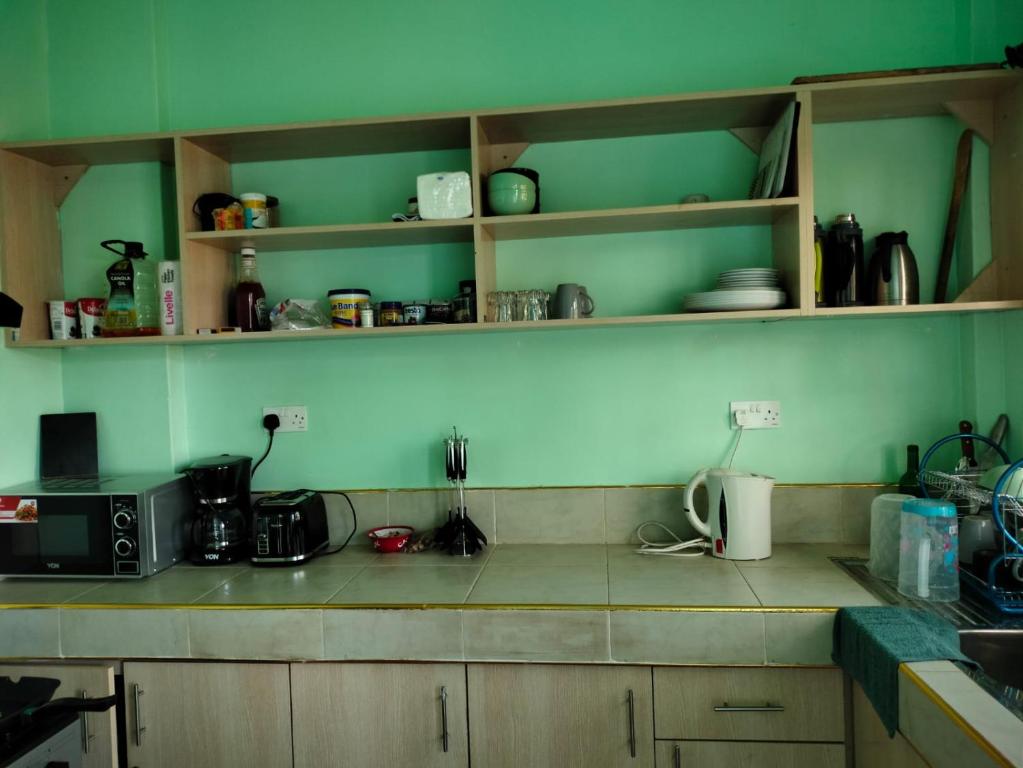 eine Küche mit grünen Wänden und einer Arbeitsplatte in der Unterkunft Bloom private home in Thika