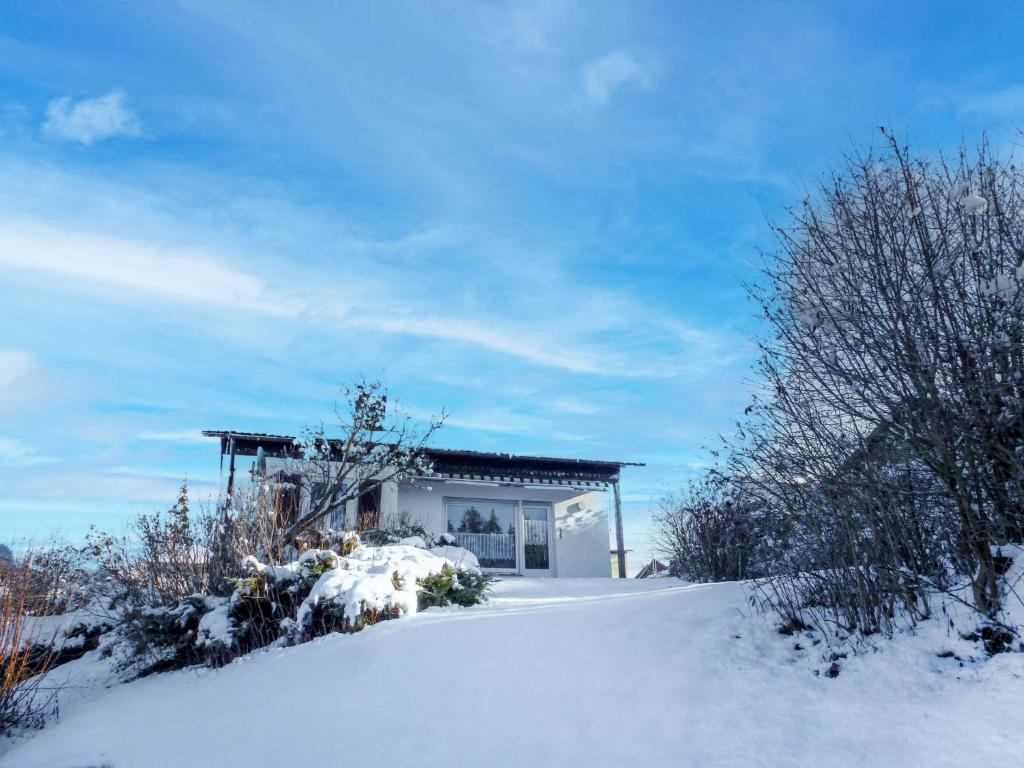 a house on a snow covered hill with a building at Holiday Home Schöne Aussicht in Dittishausen