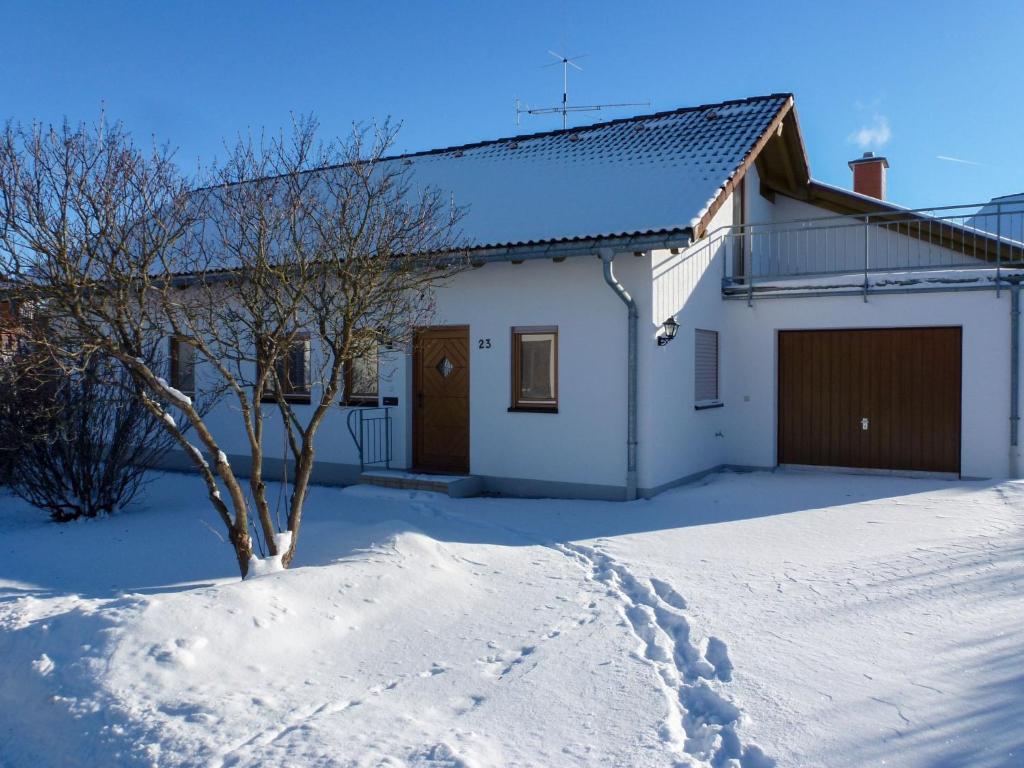 ein weißes Haus mit Garage im Schnee in der Unterkunft Holiday Home Rheingau by Interhome in Dittishausen